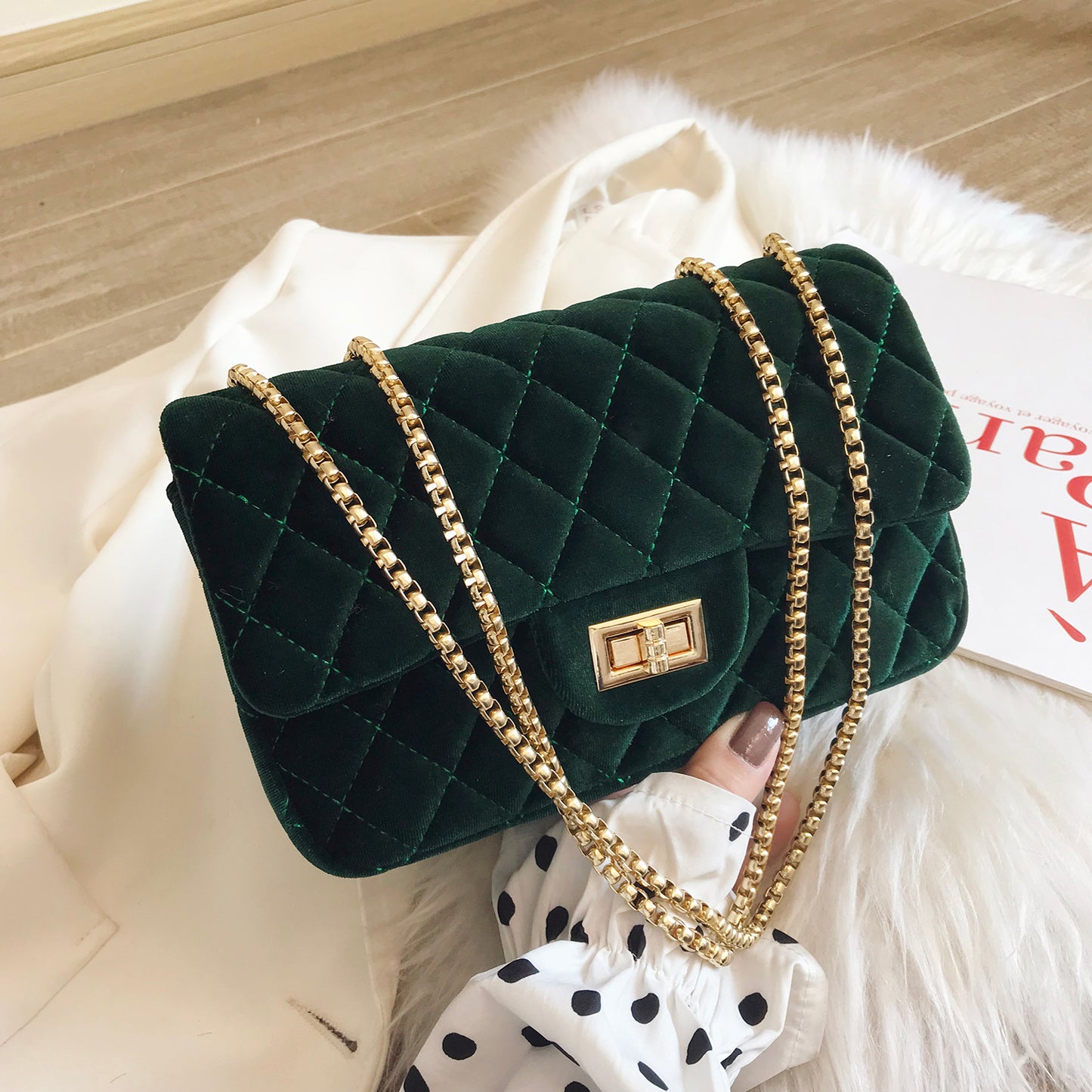 Diamond Lattice Small Square Bag Luxury Trendy Chain Crossbody Bags Soft Velvet Shoulder Handbags Women Bolsa de Hombro