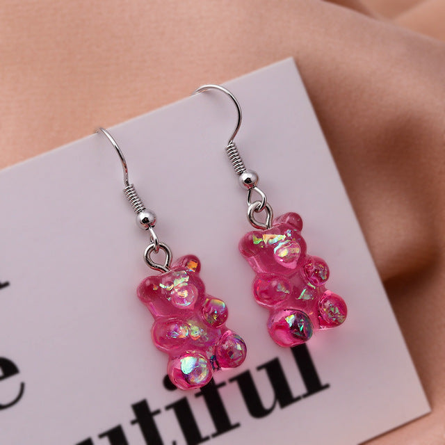 SSX - Gummy Bear Charm Earrings Teddy Sparkles Resin Handmade Hook Dangle Stud Earring Gift Kids Teens Adults