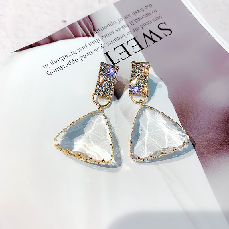 H - Triangle Crystal Prism Earrings 925 Sterling Silver Post Hypoallergenic Clear Crystal Waterdrop Stud Earring Creative Geometric Drop Gift