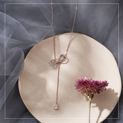 C - Rose Gold Crystal Butterfly Bow Tassel Chocker Alloy Necklace Pendant Birthday Wedding Gift