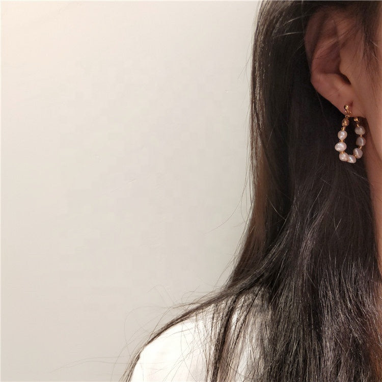 V - Real Pearl Hoop Earrings White Fresh Water Pearls Genuine Gift Gold Zinc Alloy
