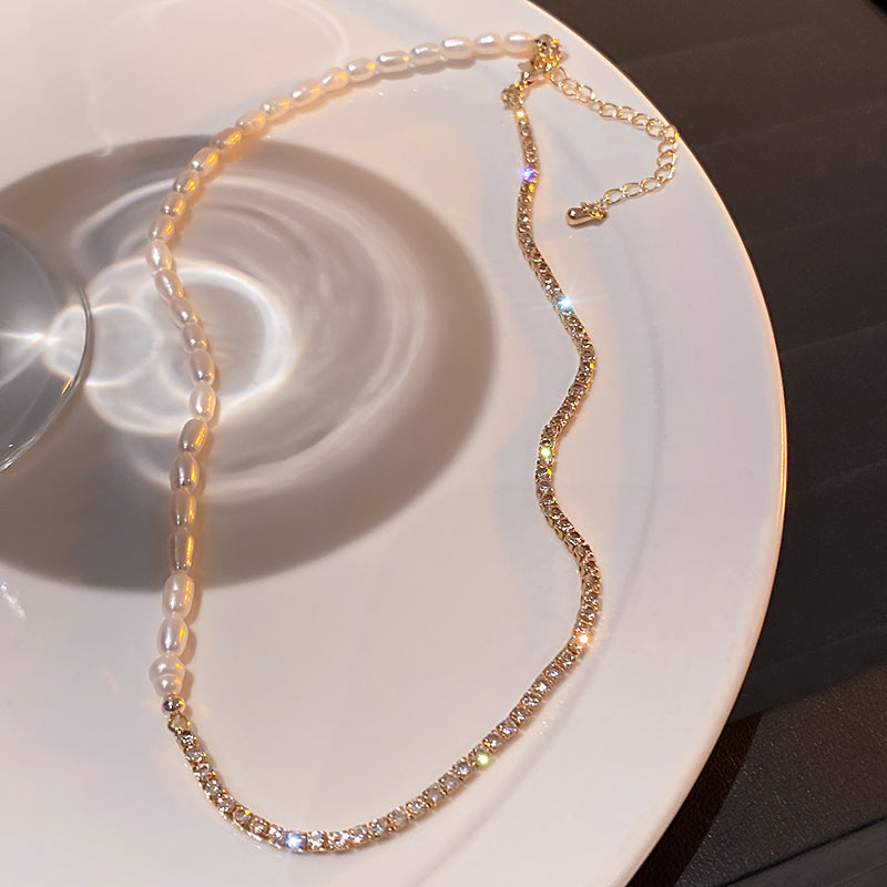 L - Crystal Splicing Baroque Pearl Necklace Freshwater Genuine Pearls