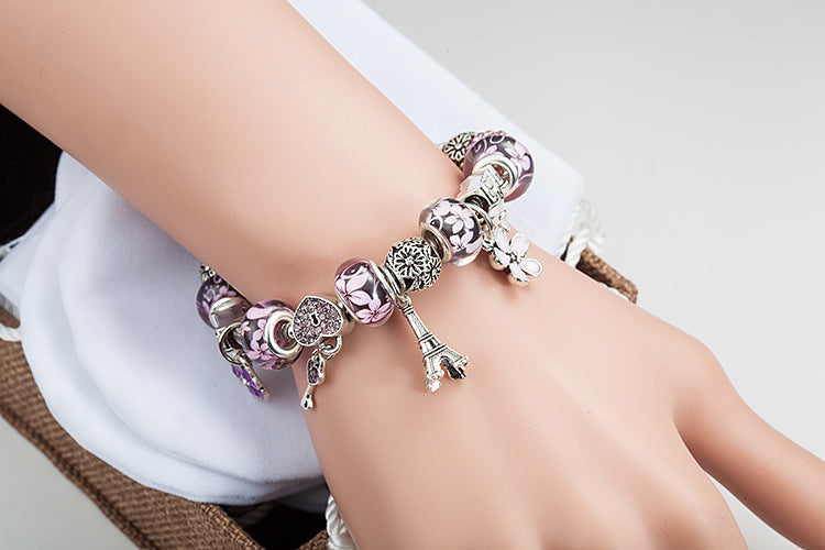 W - Romantic Glass Beaded Enamel Flower Charm Bracelet Crystal Heart Lock Key Tower Pendant Bracelet