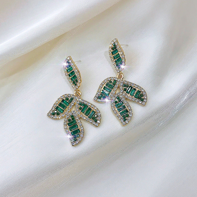 Green Leaf Crystal Beaded Earring Statement Modern Dangle Earrings Gift