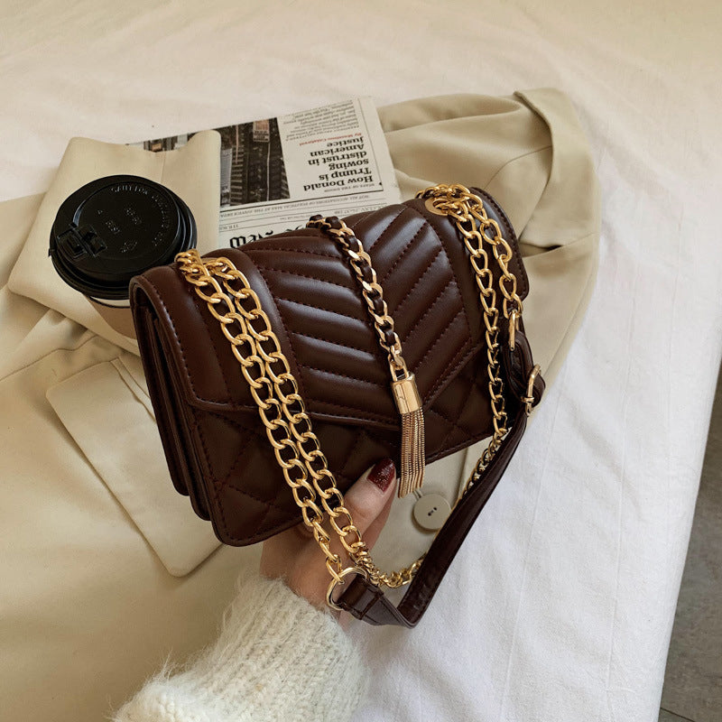 Vintage Striped Weave Pure Color Shoulder Bags Chain Crossbody Purse Sac Luxury Diamond Lattice Tassel Flap Handbags Women Bag
