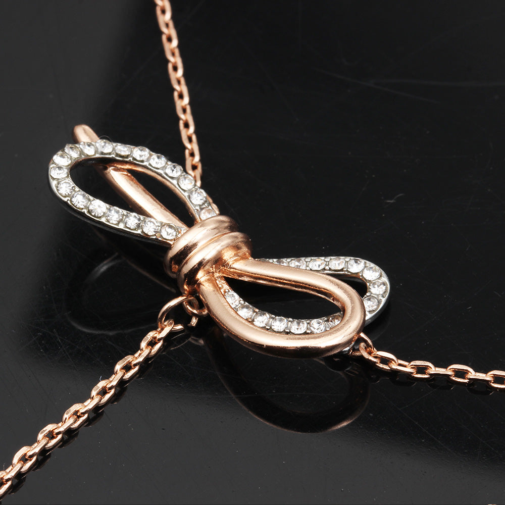 C - Rose Gold Crystal Butterfly Bow Tassel Chocker Alloy Necklace Pendant Birthday Wedding Gift