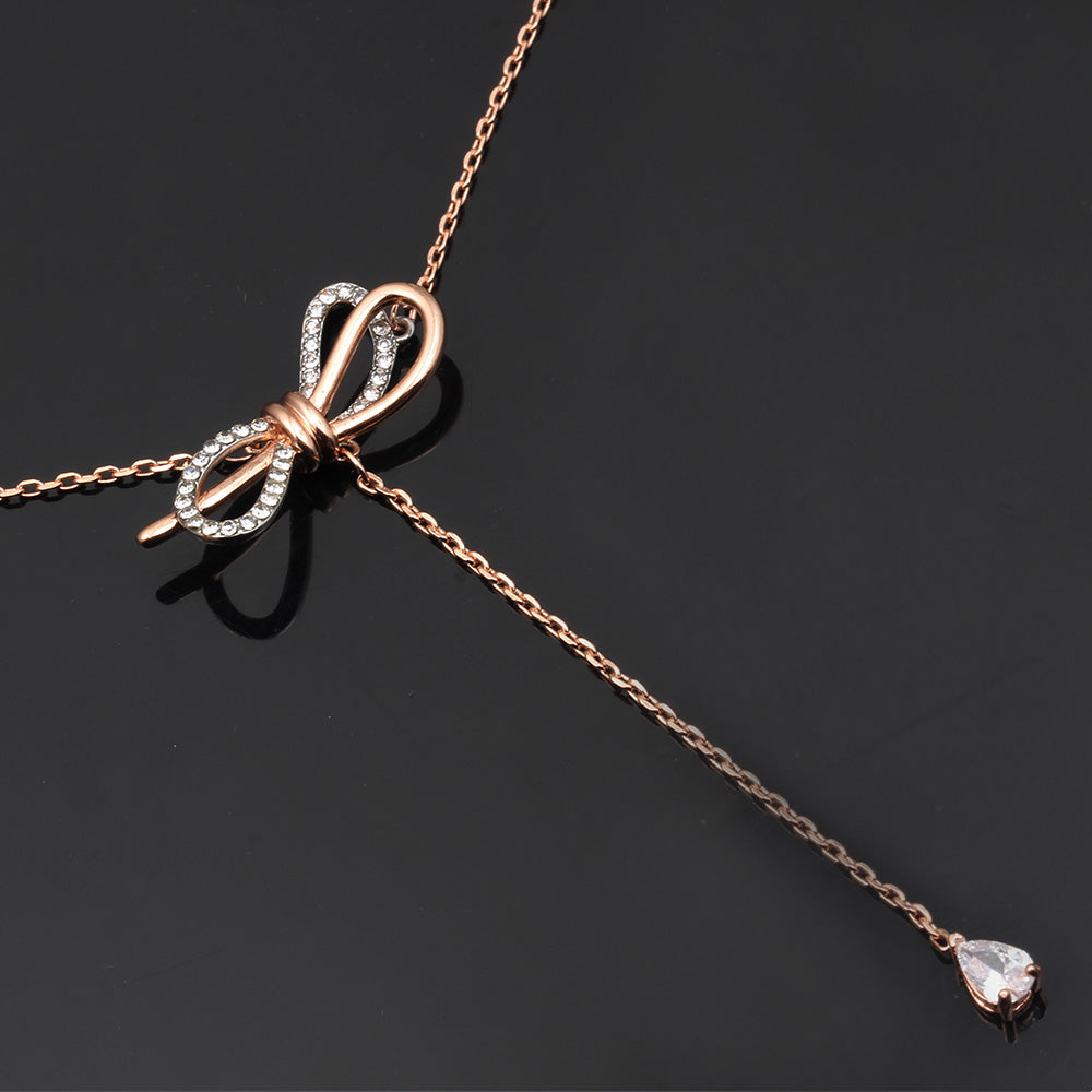 C - Rose Gold Crystal Butterfly Bow Tassel Chocker Alloy Necklace Pendant Birthday Wedding Gift