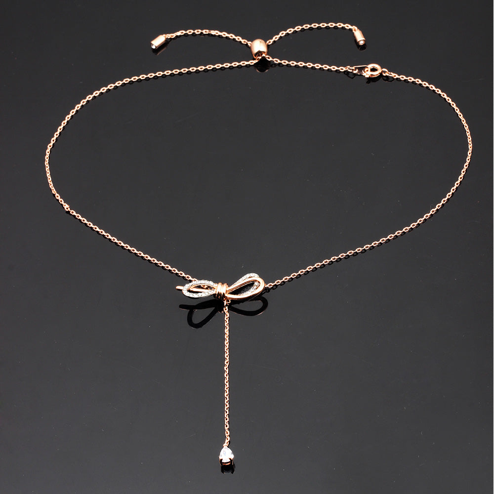 C - Rose Gold Crystal Butterfly Bow Tassel Chocker Alloy Necklace Pendant Birthday Wedding Gift
