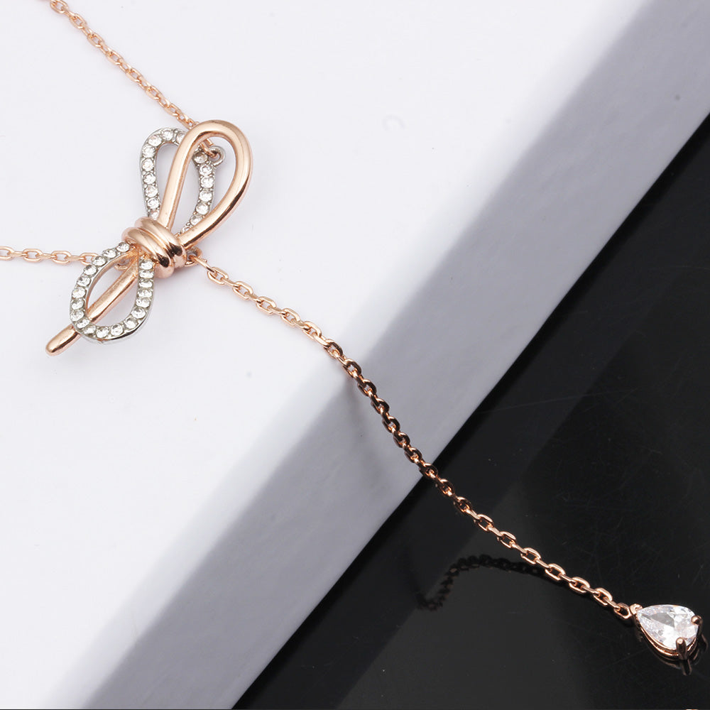 C - Rose Gold Crystal Butterfly Bow Tassel Chocker Alloy Necklace Pendant Birthday Wedding Gift
