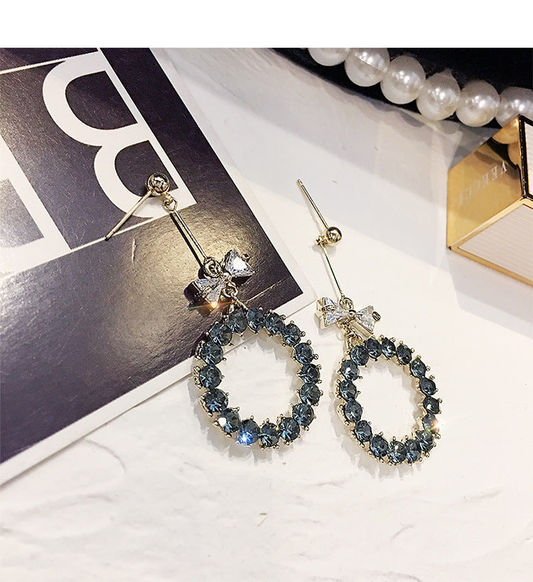 D - Circle Bow Crystal Rhinestone Earrings Silver and Black Drop Dangle Fashion earring Gift
