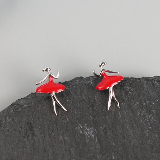 S925 silver needle red ballet girl cute earrings for women