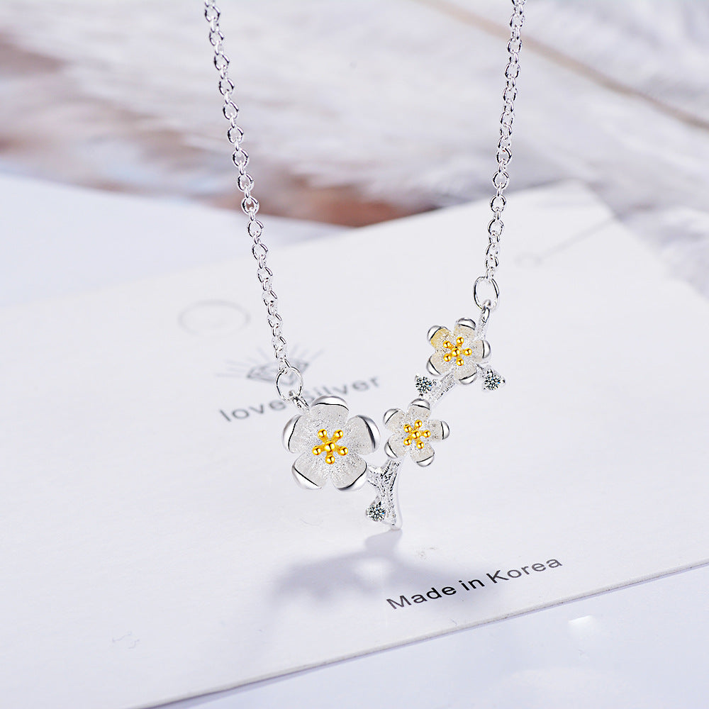 I - Cherry Blossom Flower on Branch 925 Sterling Silver Necklace
