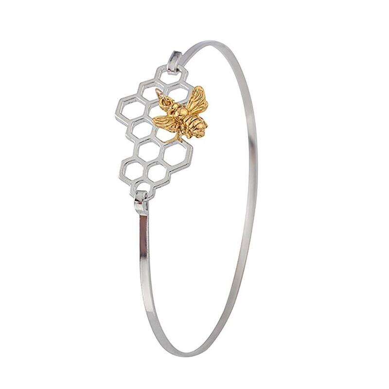 B - Bee Hive Hexagon Adjustable Bracelet Bumblebee Honeycomb Charm Gold Silver Steel Metal Jewellery