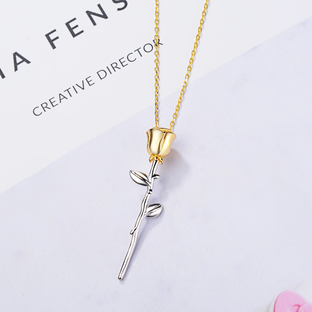 G - Rose Stem Necklace 18K Gold Plated on 925 Sterling Silver Belle Beauty & the Beast Pendant Gift
