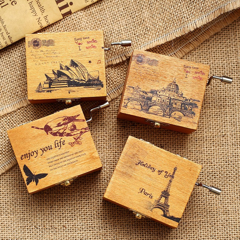 Wood Music Box Handwinde Fun Learning Frozen Eiffle Tower Black Castle Opera Butterfly Heart Lock