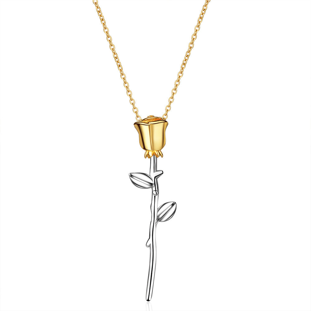 G - Rose Stem Necklace 18K Gold Plated on 925 Sterling Silver Belle Beauty & the Beast Pendant Gift