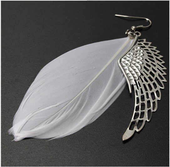 Z - Angel Feather Earrings Silver Real Feathers Bohemian Handmade Long Drop Earrings Jewelry Gift