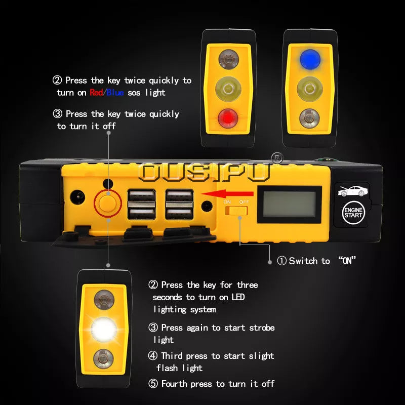 L - Car Jump Starter 68800Ah 4USB Portable Multifunction Rechargeable LED Emergency Battery