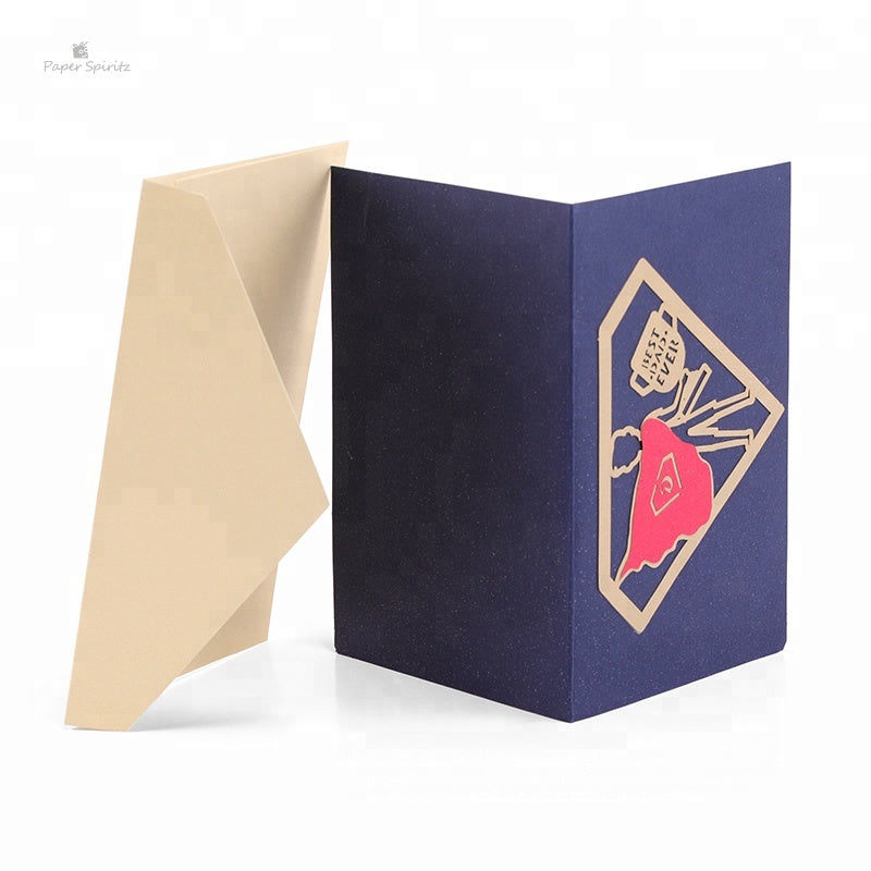C - Father's Day Postcards Super Dad 3D Pop up Card Thank You Card Handmade Paper Laser Cutting Greeting Cards