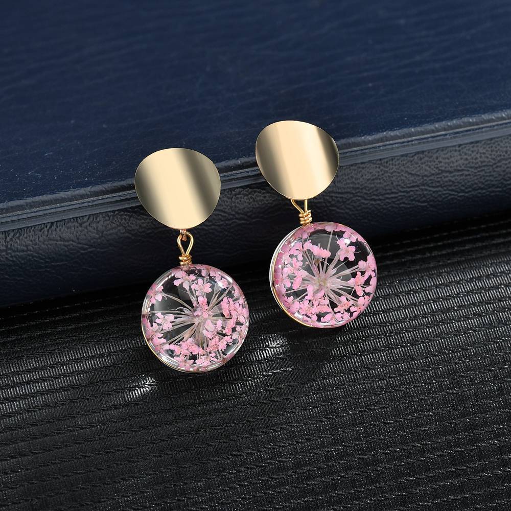 F - Pink Fireworks Real Flower Glass Pearl Gold Drop Earrings Fashion Jewellery Gift