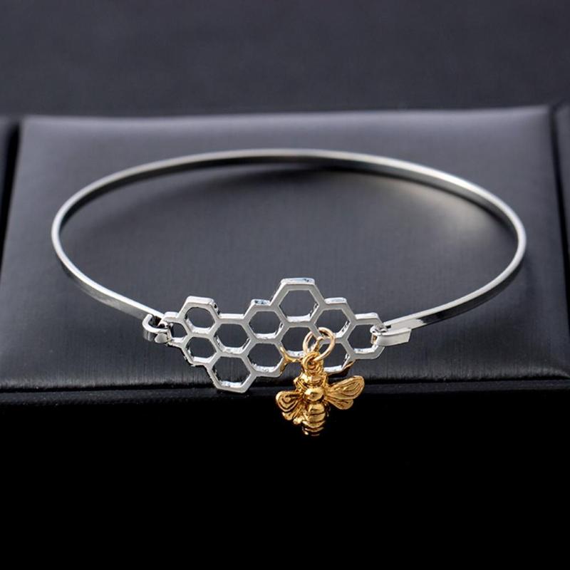 B - Bee Hive Hexagon Adjustable Bracelet Bumblebee Honeycomb Charm Gold Silver Steel Metal Jewellery