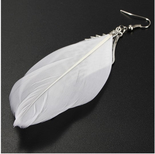Z - Angel Feather Earrings Silver Real Feathers Bohemian Handmade Long Drop Earrings Jewelry Gift