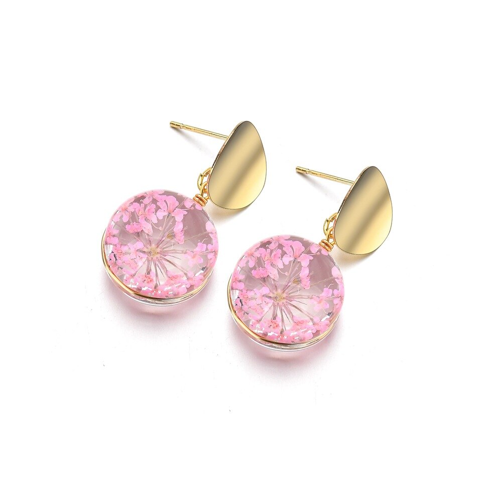 F - Pink Fireworks Real Flower Glass Pearl Gold Drop Earrings Fashion Jewellery Gift