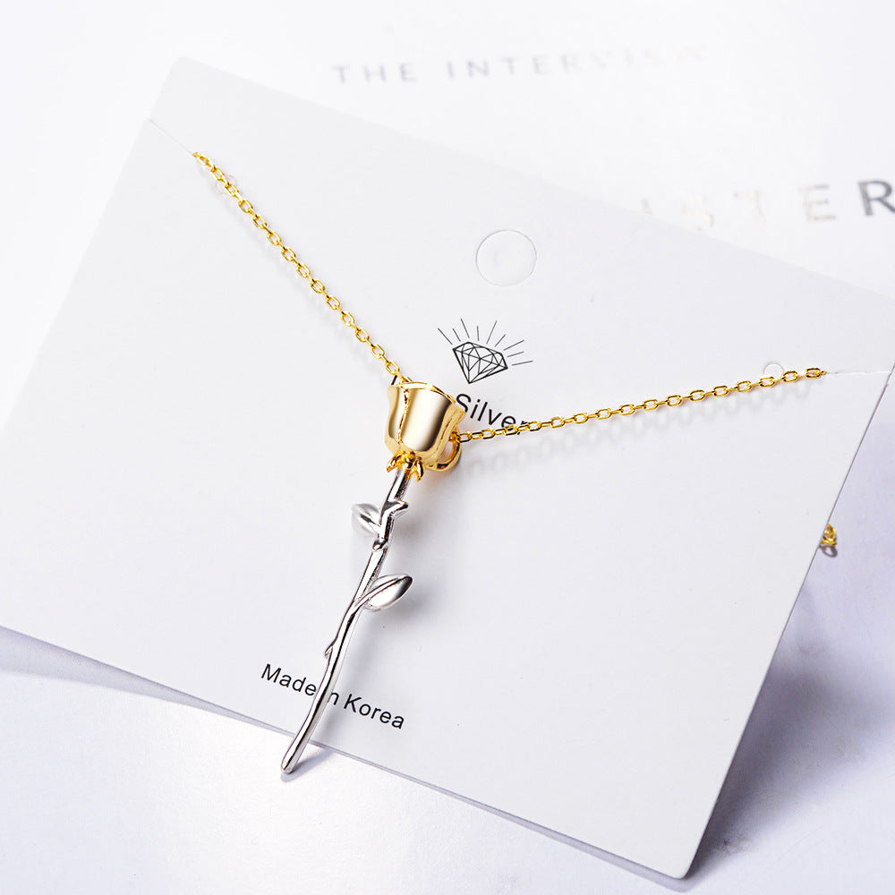 G - Rose Stem Necklace 18K Gold Plated on 925 Sterling Silver Belle Beauty & the Beast Pendant Gift