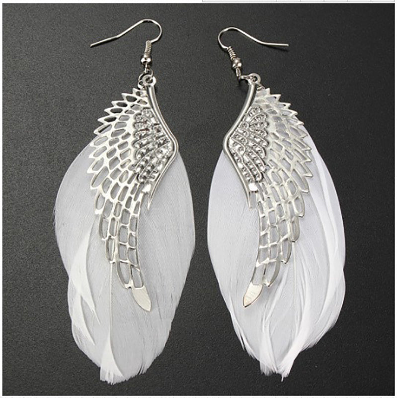 Z - Angel Feather Earrings Silver Real Feathers Bohemian Handmade Long Drop Earrings Jewelry Gift