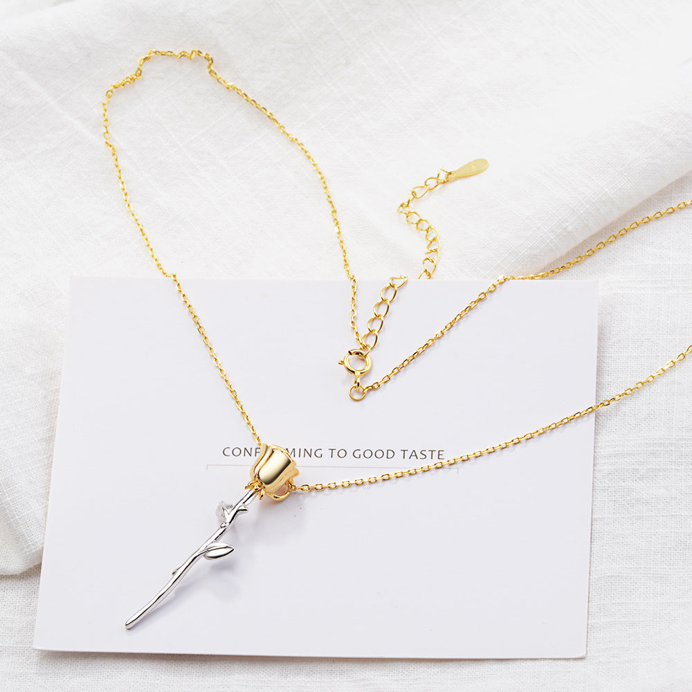 G - Rose Stem Necklace 18K Gold Plated on 925 Sterling Silver Belle Beauty & the Beast Pendant Gift