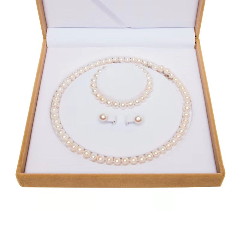 PA - Real Pearl Full Set Fresh Water Pearls Necklace Bracelet Earring Celeste 925 Sterling Silver White Round Pearls gift box