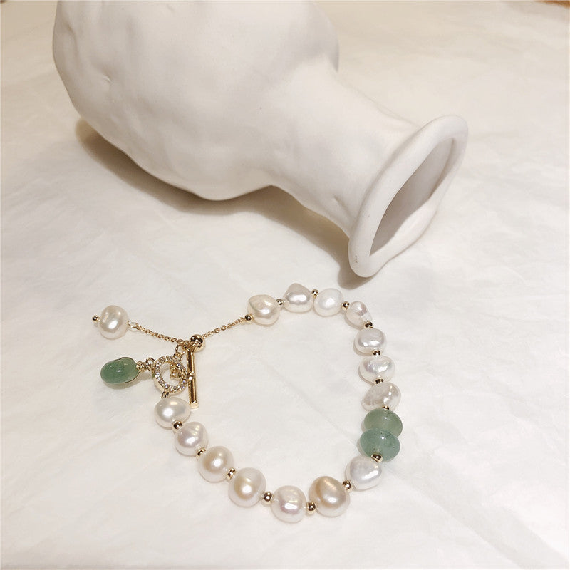 V - Real Jade & Fresh Water Pearl Crystal Charm Adjustable Bracelet Real Pearls White Baroque Gold Gift