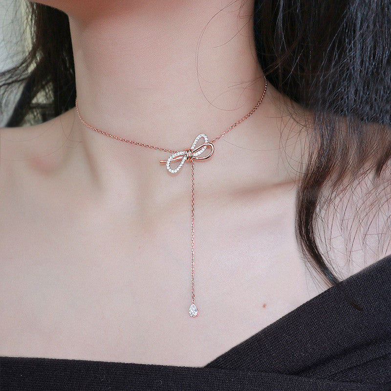 C - Rose Gold Crystal Butterfly Bow Tassel Chocker Alloy Necklace Pendant Birthday Wedding Gift