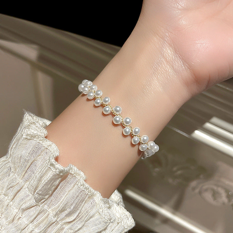 Double Lines Real Fresh Water Pearl Gold Bead Bracelet Gift