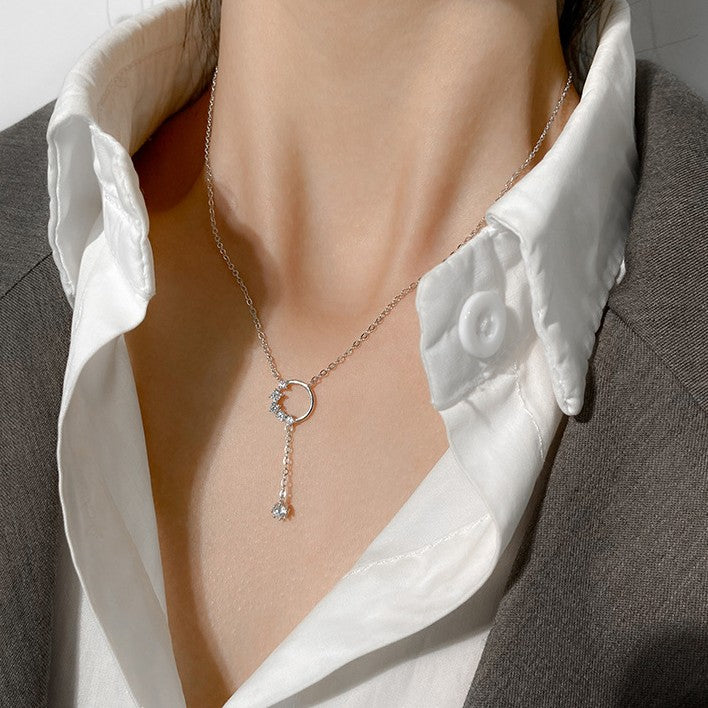 O - Crystal Circle Pendant Necklace 925 Sterling Silver Dangling Zircon Choker Gift
