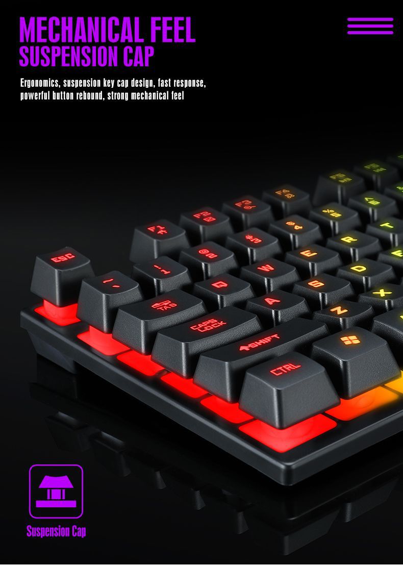 N - TF200 Rainbow Backlight Gaming Mechanical Keyboard and Mouse Set USB Wired 104 Keys LED For Windows PC