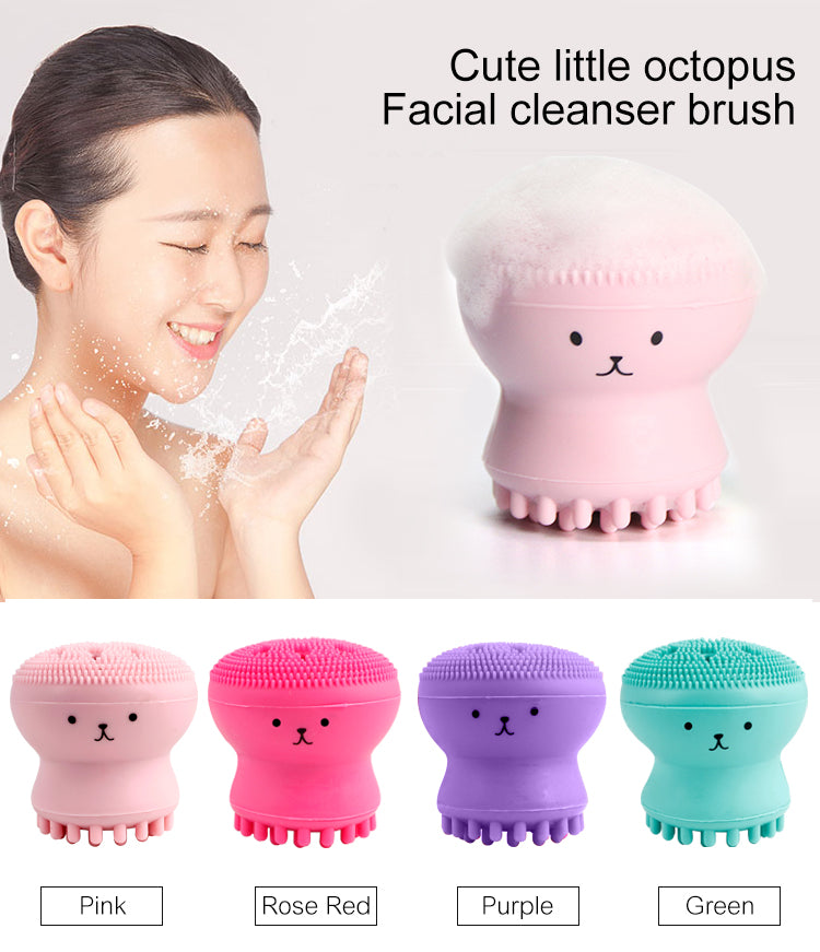 A - Cute Skin Cleanser Brush Exfoliating Makeup Scrubber Pink Purple Blue Green Octopus silicone