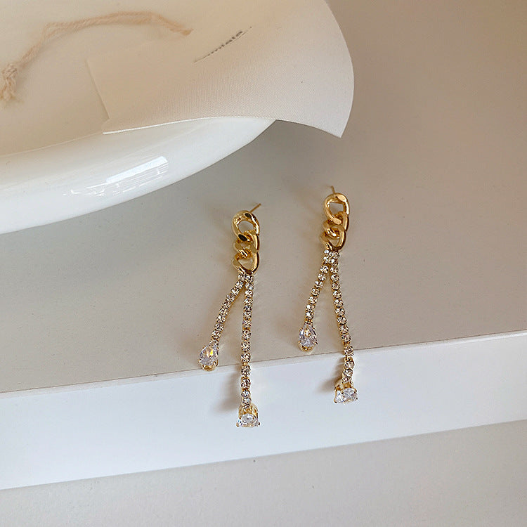 A - 18K Gold Plated Double Diamond Cubic Zirconia Chain Earring Drop Gift