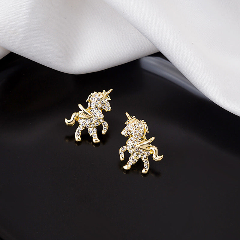 J - Winged Unicorn Earrings Crystal Gold Hypoallergenic 925 Sterling Silver Post Stud Dainty Birthday Gift