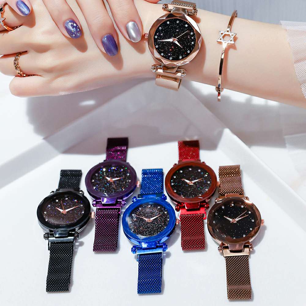 Star Dust Crystal Watch Adjustable Stainless Steel Bracelet Rose Gold, Black, Blue and Purple