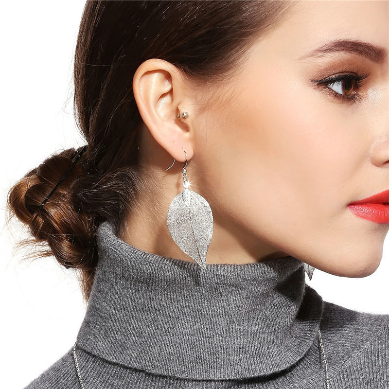 I - Real Leaf Rose Gold, Gold or Silver Plated Necklace Full Set Earrings Pendant gift