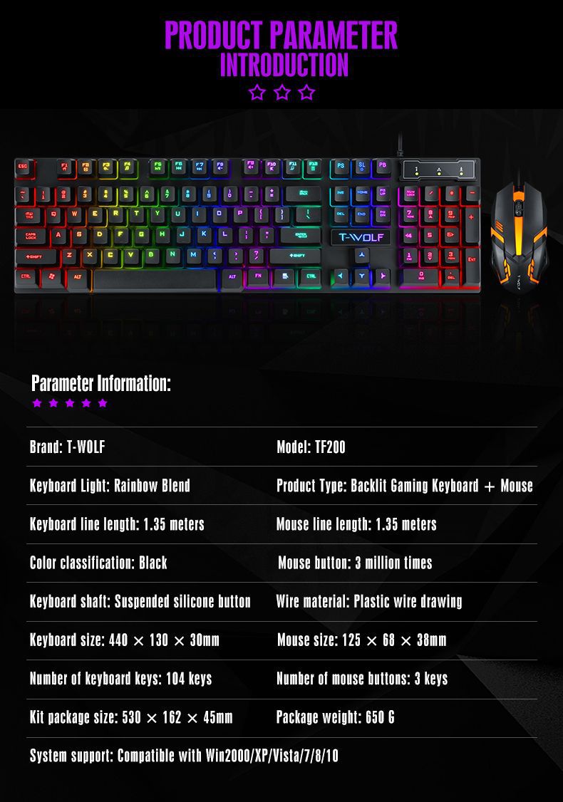 N - TF200 Rainbow Backlight Gaming Mechanical Keyboard and Mouse Set USB Wired 104 Keys LED For Windows PC