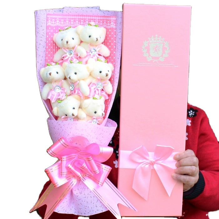 7pc Teddy Bear Bouquet Plush Flower Gift box Valentines, Birthday