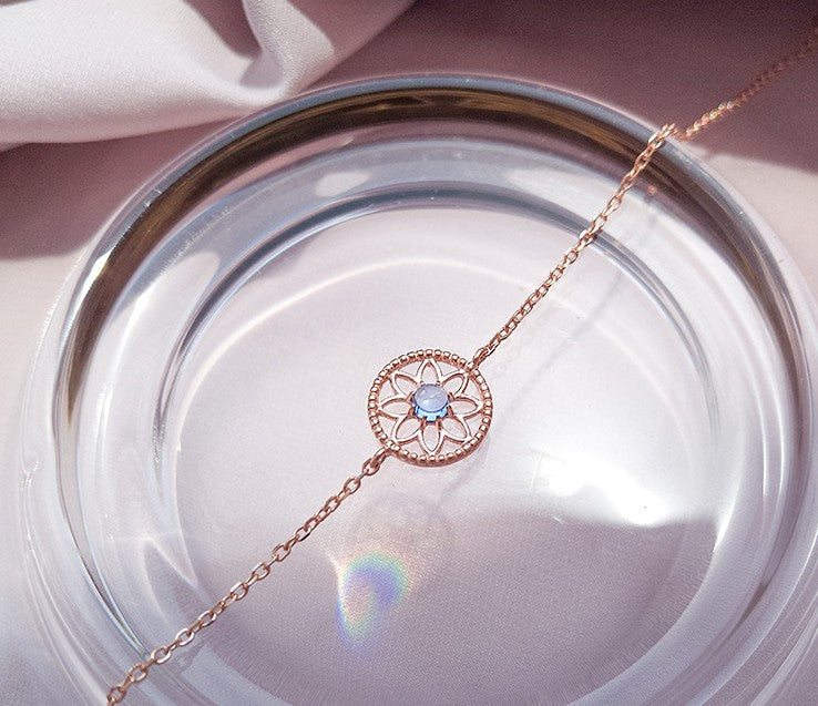 M - Rose Gold Circle Flower Blue Crystal Adjustable Bracelet 925 Sterling Silver