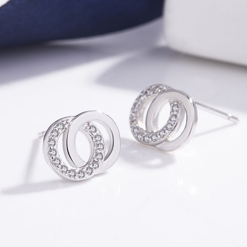E - Silver Interlocking Circles Diamond Cubic Zirconia Earrings 925 Sterling Silver Dainty Earring Jewellery Gift