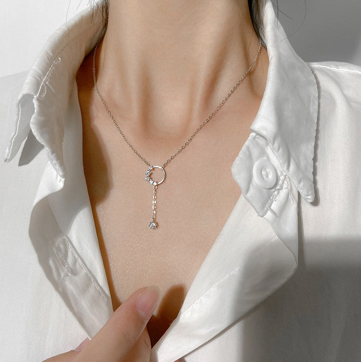 O - Crystal Circle Pendant Necklace 925 Sterling Silver Dangling Zircon Choker Gift