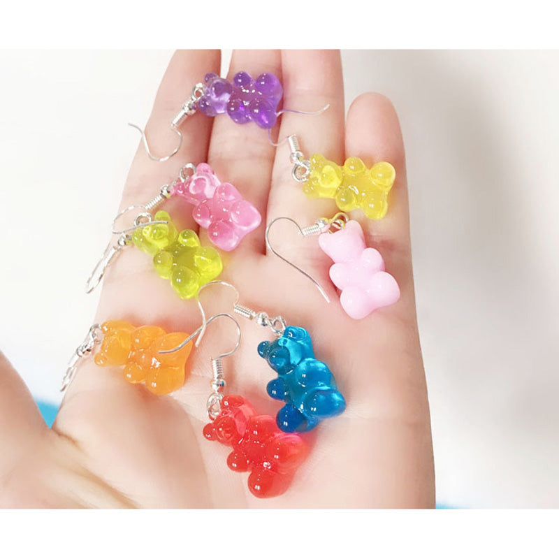 SSX - Gummy Bear Charm Earrings Teddy Sparkles Resin Handmade Hook Dangle Stud Earring Gift Kids Teens Adults