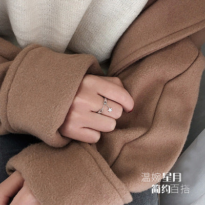 925 star and moon with tassel open ring