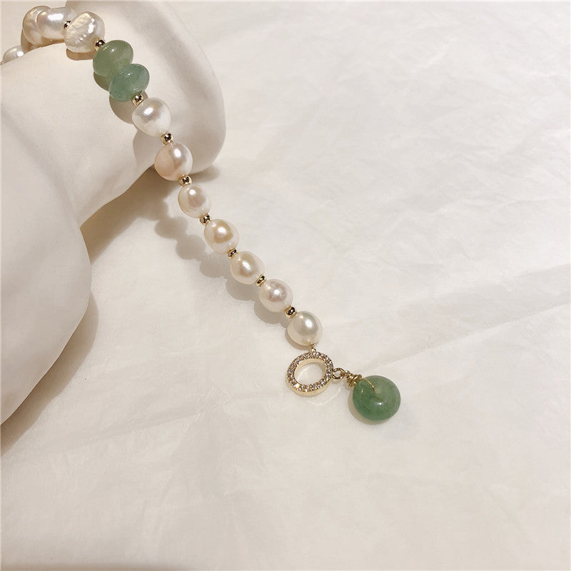 V - Real Jade & Fresh Water Pearl Crystal Charm Adjustable Bracelet Real Pearls White Baroque Gold Gift