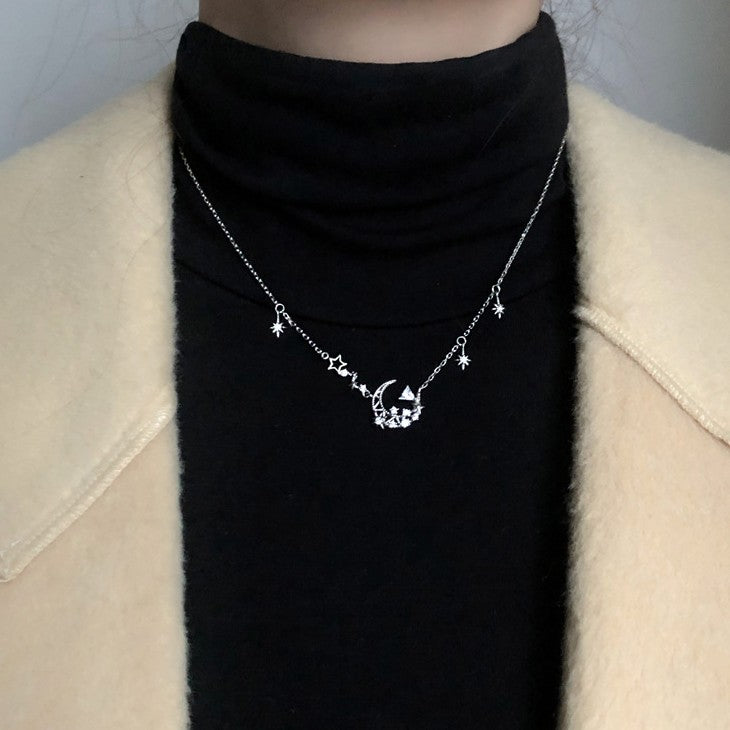 O - Crescent Moon Stars Crystal Necklace 925 Sterling Silver Galaxy Solar Universe Chocker Pendant Gift